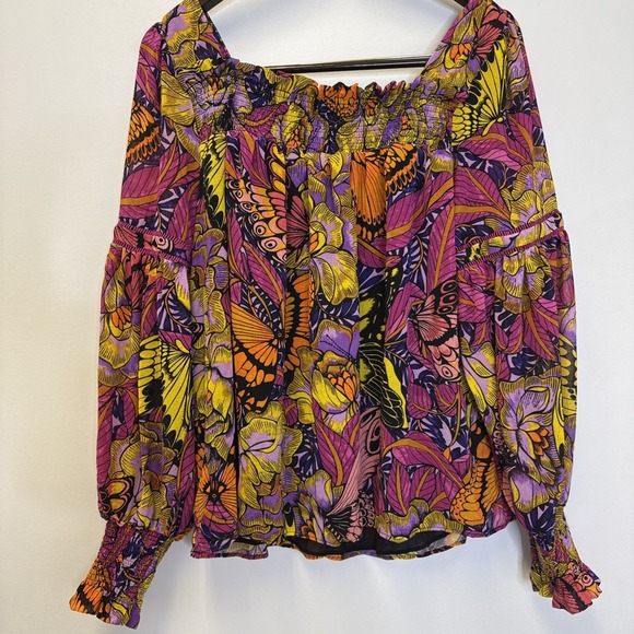 Anthropologie Alexandra Farmer Butterfly Print Smocked Blouse Pink Combo M NEW - Picture 12 of 12